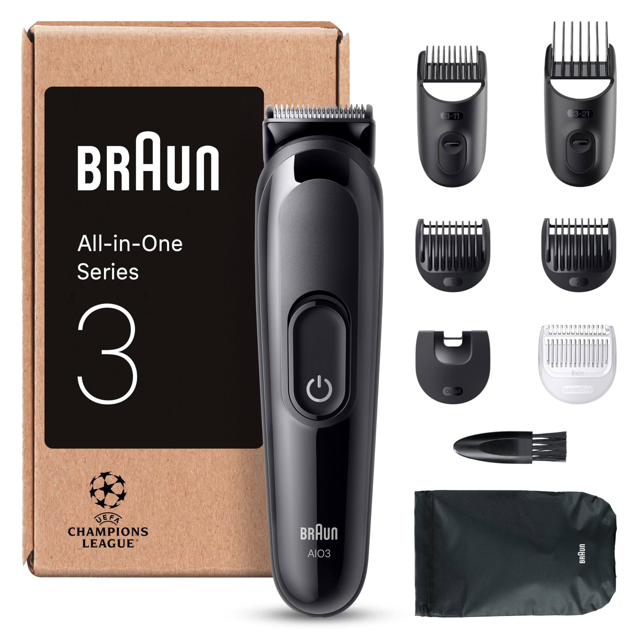 Braun All-in-One Series 3, 8-in-1 Multigroom, Barttrimmer, Nasenhaartrimmer, Haarschneider, Haarschneidemaschine für Gesicht und Kopf, 50 Min Akku, 14 Längen (3–21 mm), Wasserdicht, AIO3545, Schwarz