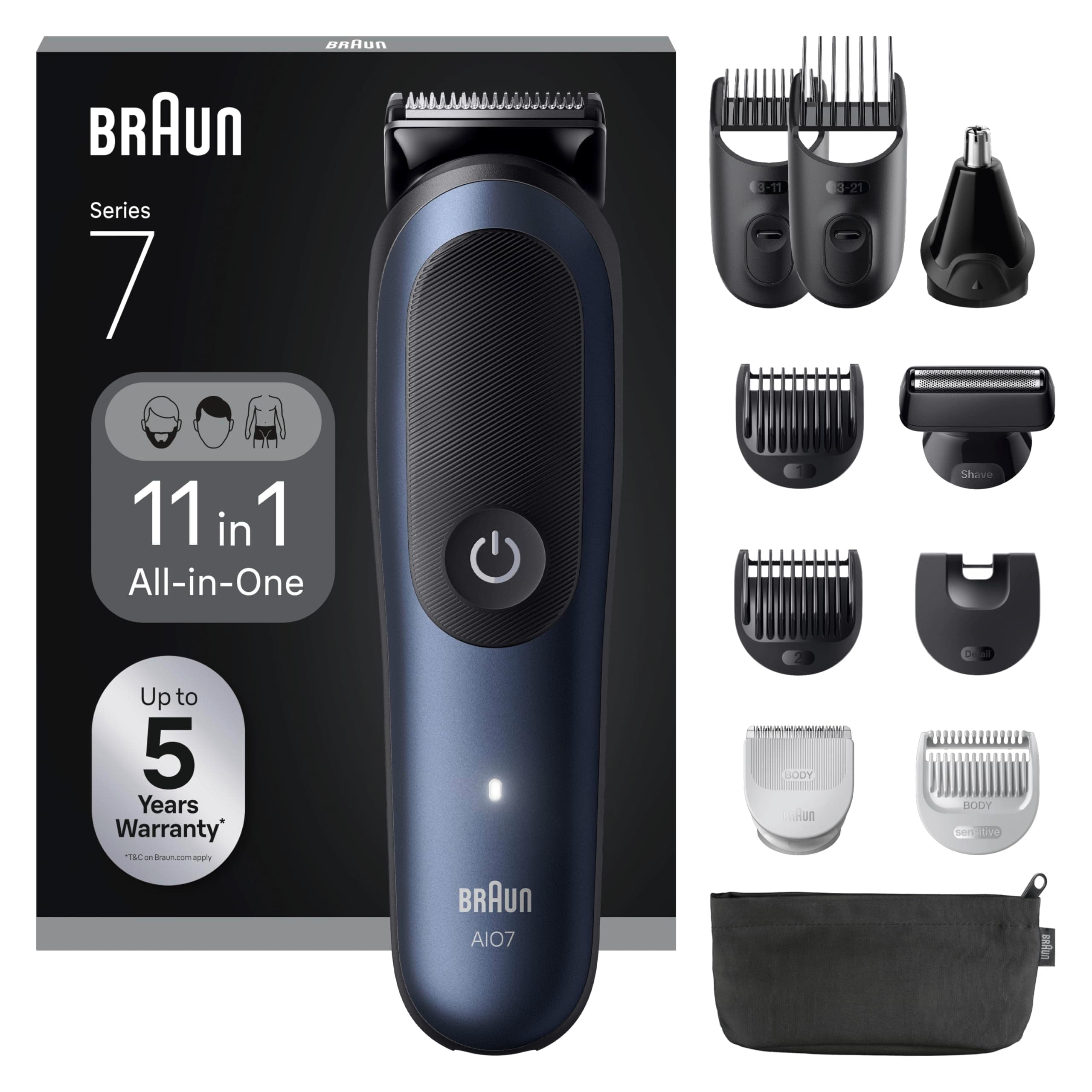 Braun Tondeuse Tout-En-Un Series 7, Kit 11-En-1, Lame ProBlade, Technologie AutoSense, 120 Min D'autonomie, Protection SkinGuard, Barbe En Dégradé, Manche AquaGrip Pratique Sous L'eau, AIO7540, Bleu