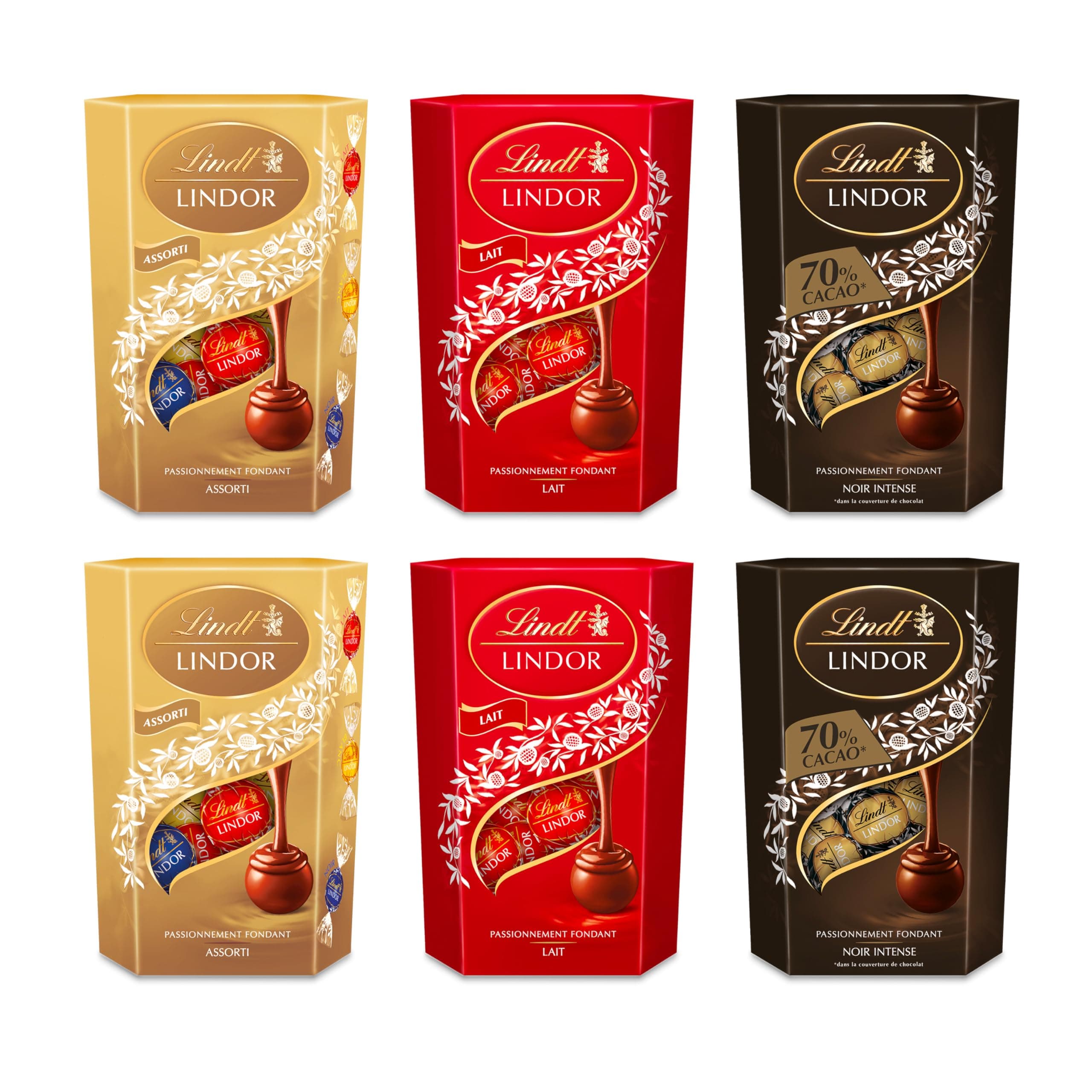 Lindt - Lot de 6 Cornets LINDOR - Lait, Assorti et Noir - Chocolat au Lait, Noir et Blanc - Cœur fondant, 6x200g