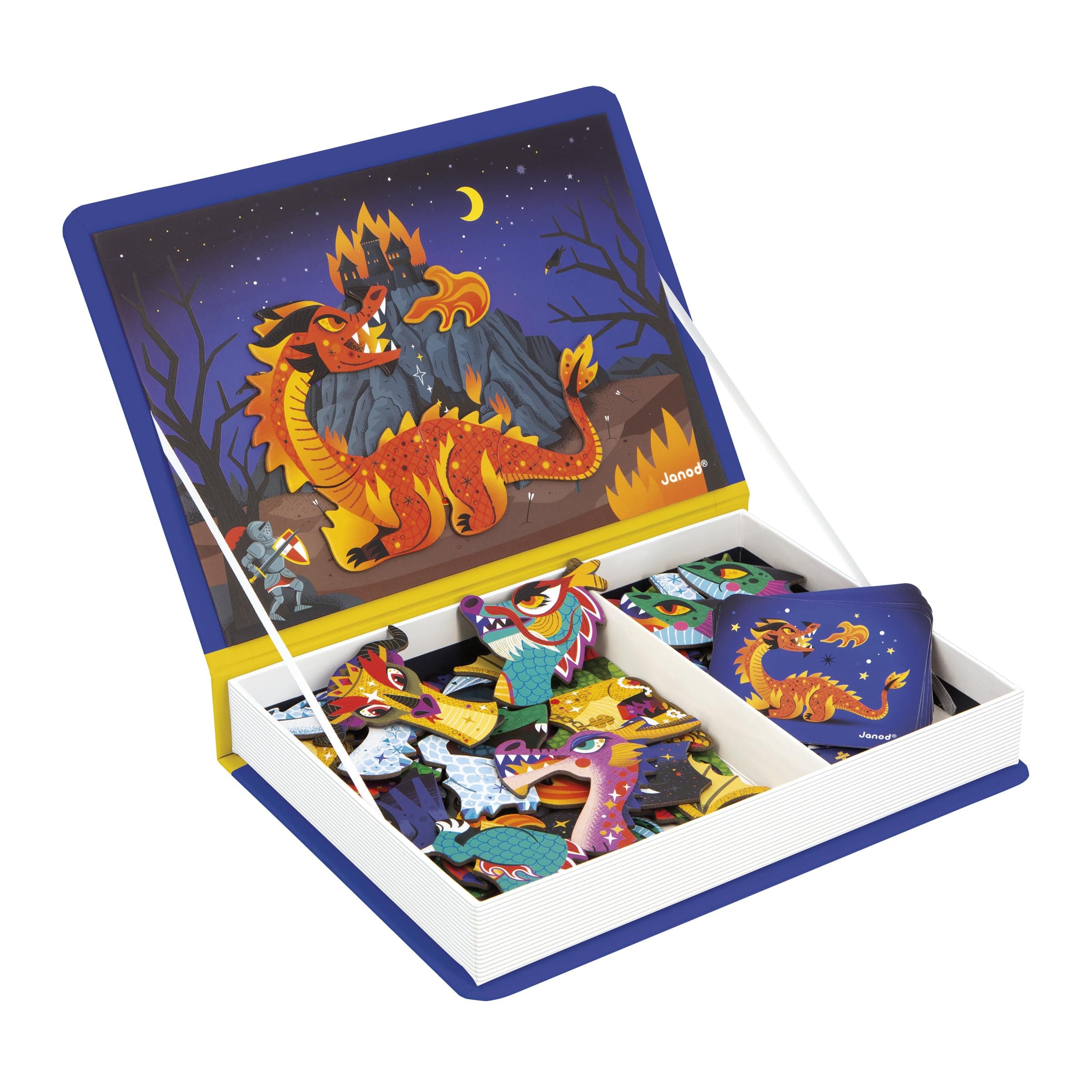 Janod - Magnéti'Book Dragons - Jeu Educatif Magnétique 53 Aimants + 10 Modèles - Jouet Enfant en Carton FSC - Développe Dextérité et Imagination - Dès 3 Ans - J02527, Violet