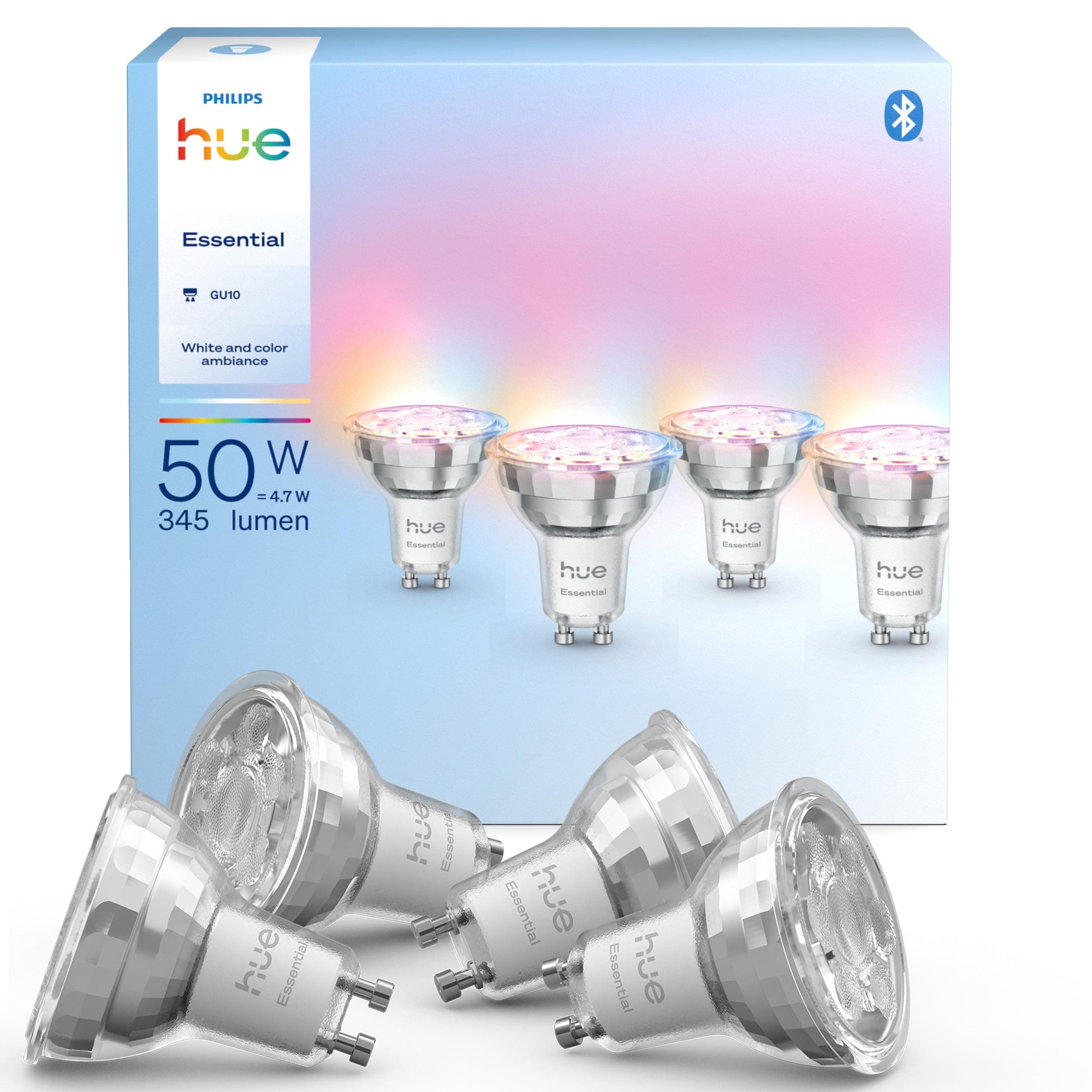 Philips Hue Essential Smart LED GU10 Strahlerlampe, Weiß und Farbig, 4,7 W, 2200K-6500K, 345 Lumen, dimmbar, funktioniert mit Alexa, Google Assistant, und Apple Home, 4 Packung