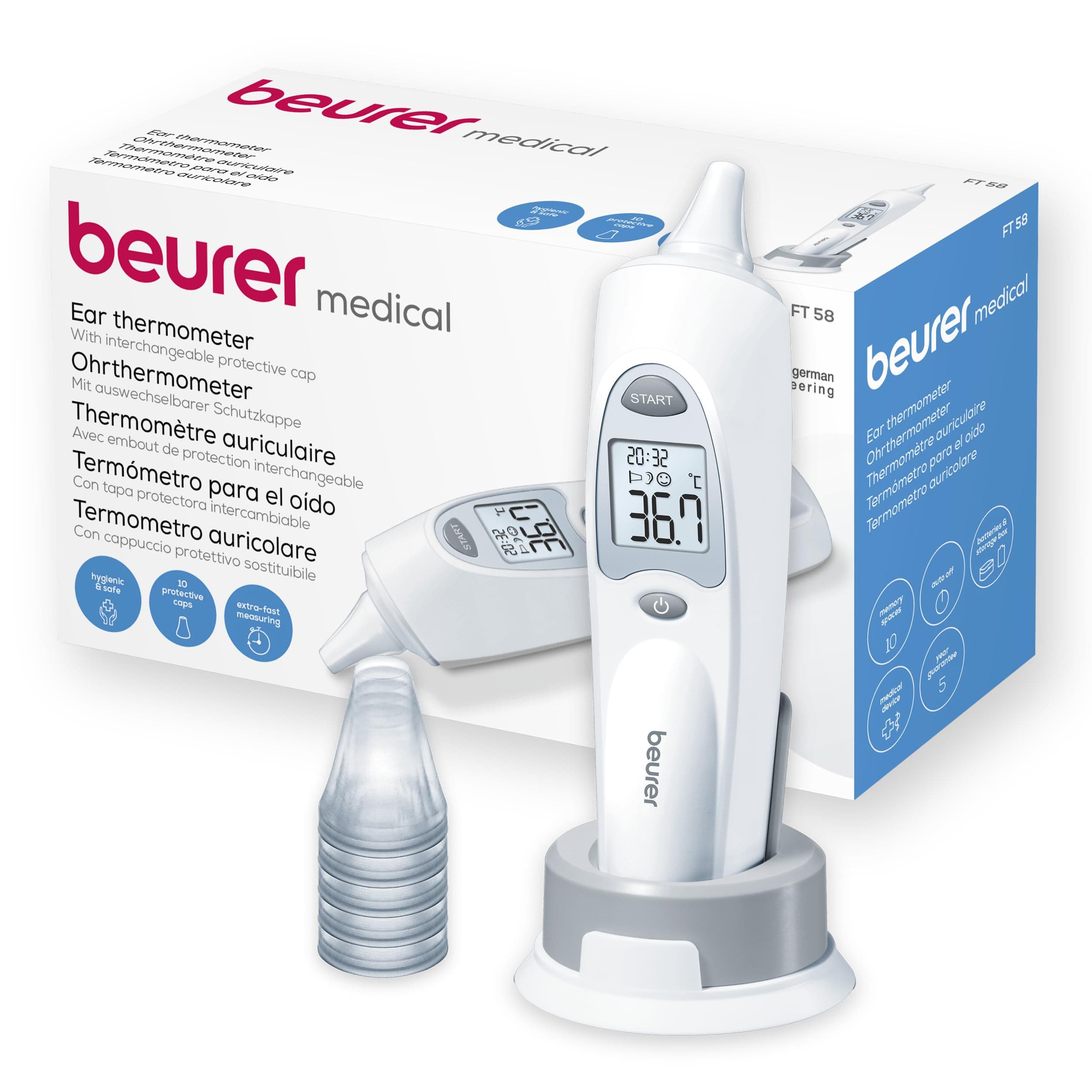 Beurer FT 58 termómetro de oído, termómetro de fiebre con tecnología de medición por infrarrojos para medición en el oído, indicador de fiebre, incl. 10 protectores, para bebés, niños y adultos