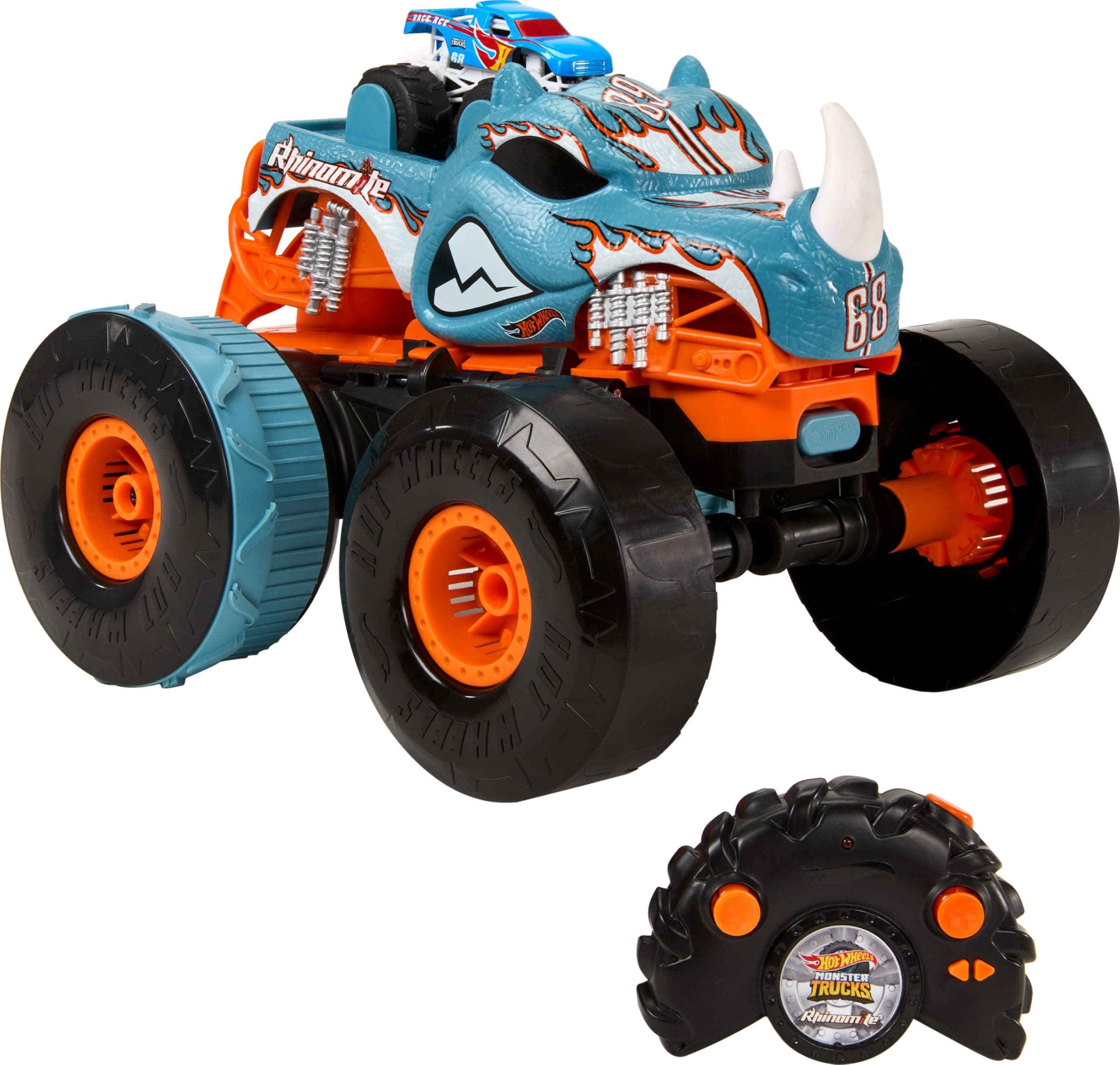 Hot Wheels Monster Trucks Macchina Telecomandata - Rhinomite Trasformabile in scala 1:12, si trasforma in un lanciatore, con truck Race Ace in scala 1:64 incluso, giocattolo per bambini 5+ anni, HPK27