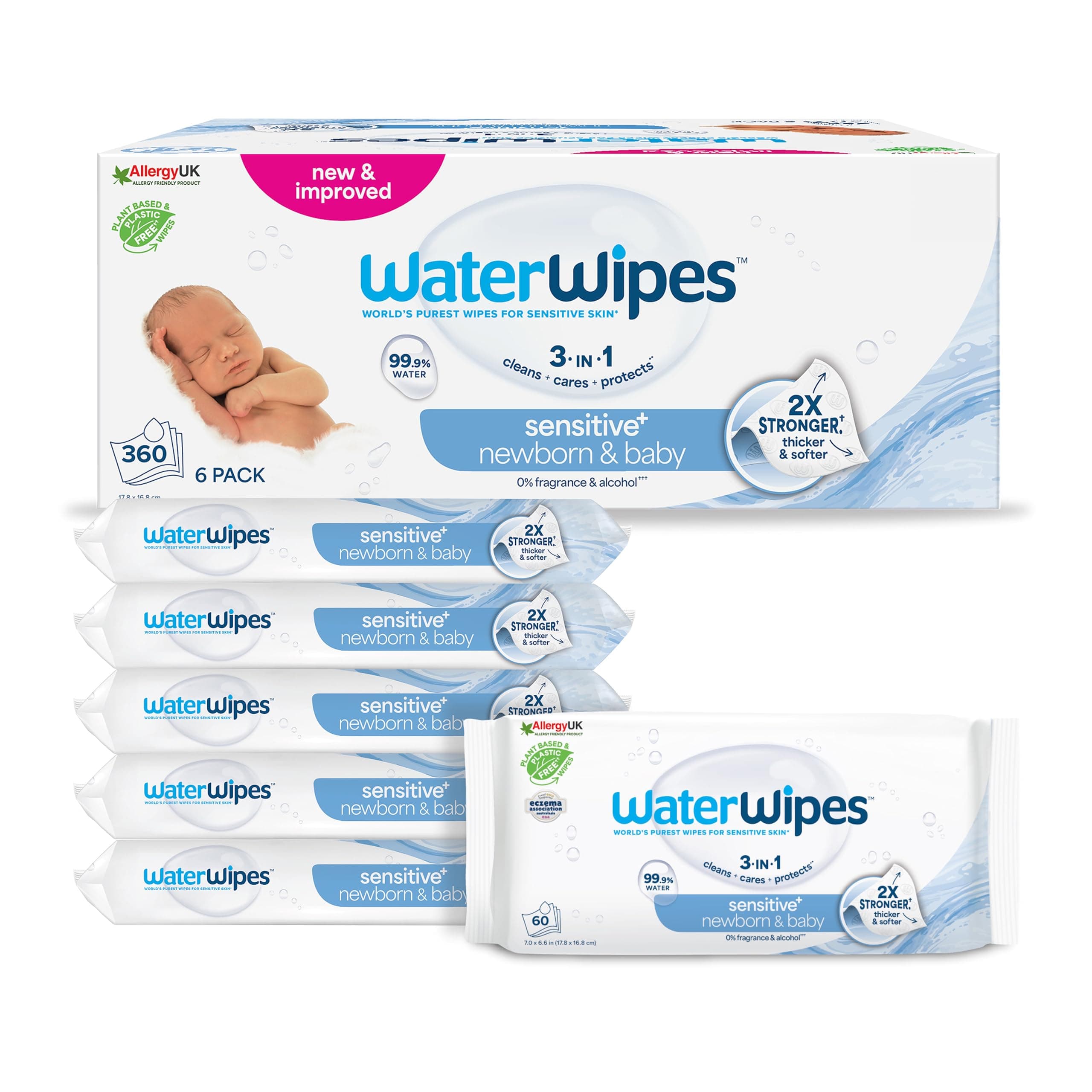 WaterWipes Sensitive+ Newborn & Baby Wipes, Feuchttücher für Neugeborene und Babys, 360 Stück (6 Packungen), 3-in-1-Reinigung, Pflege, Schutz, 99,9% Wasser, parfümfrei