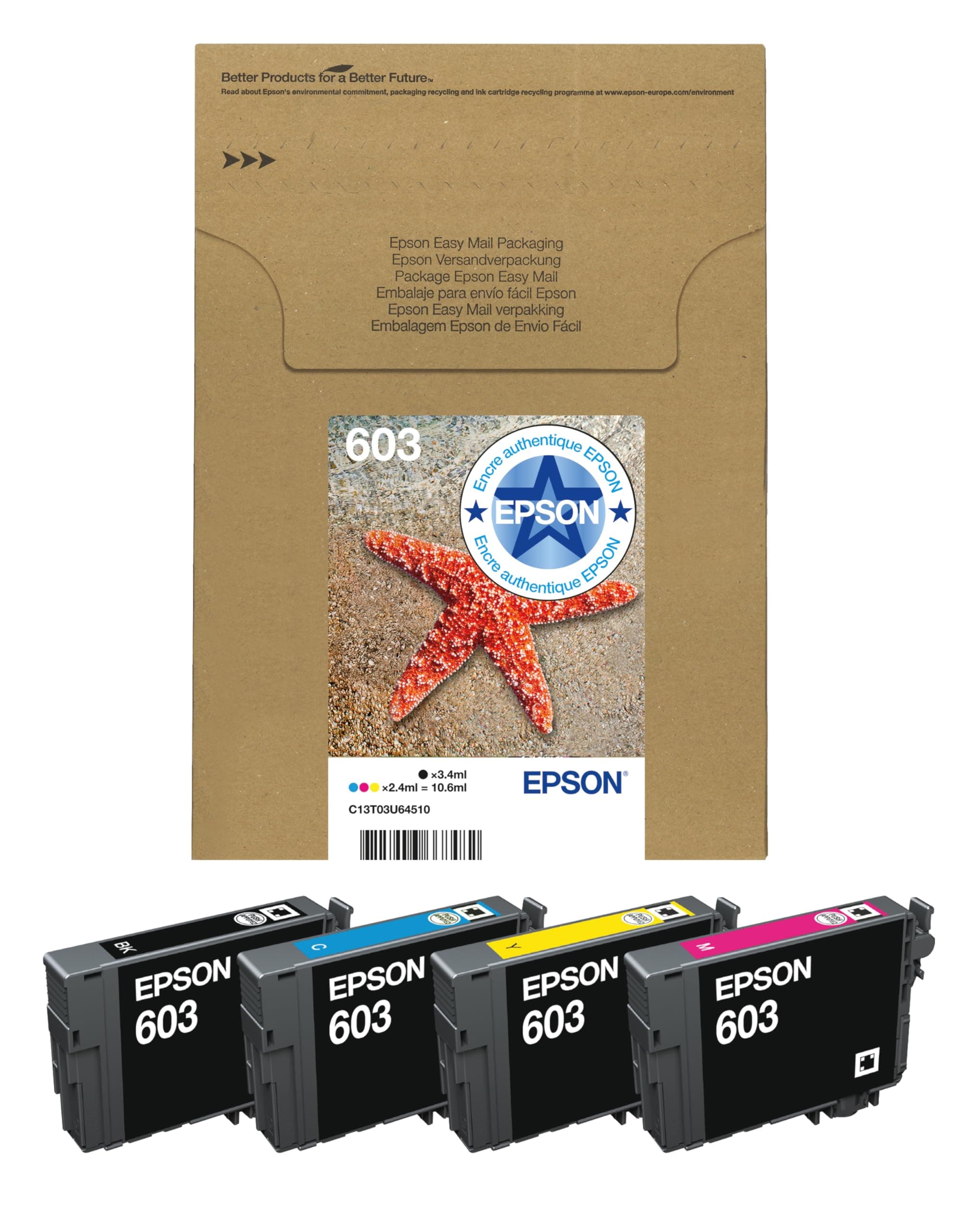 Epson EasyMail Multipack 603 Etoile de Mer, Cartouches d'encre d'origine, 4 couleurs: Noir, Cyan, Magenta, Jaune, Format boite aux lettres, XP-2100 XP-2150 XP-3100 XP-4100 XP-4150 WF-2810DWF WF-2820