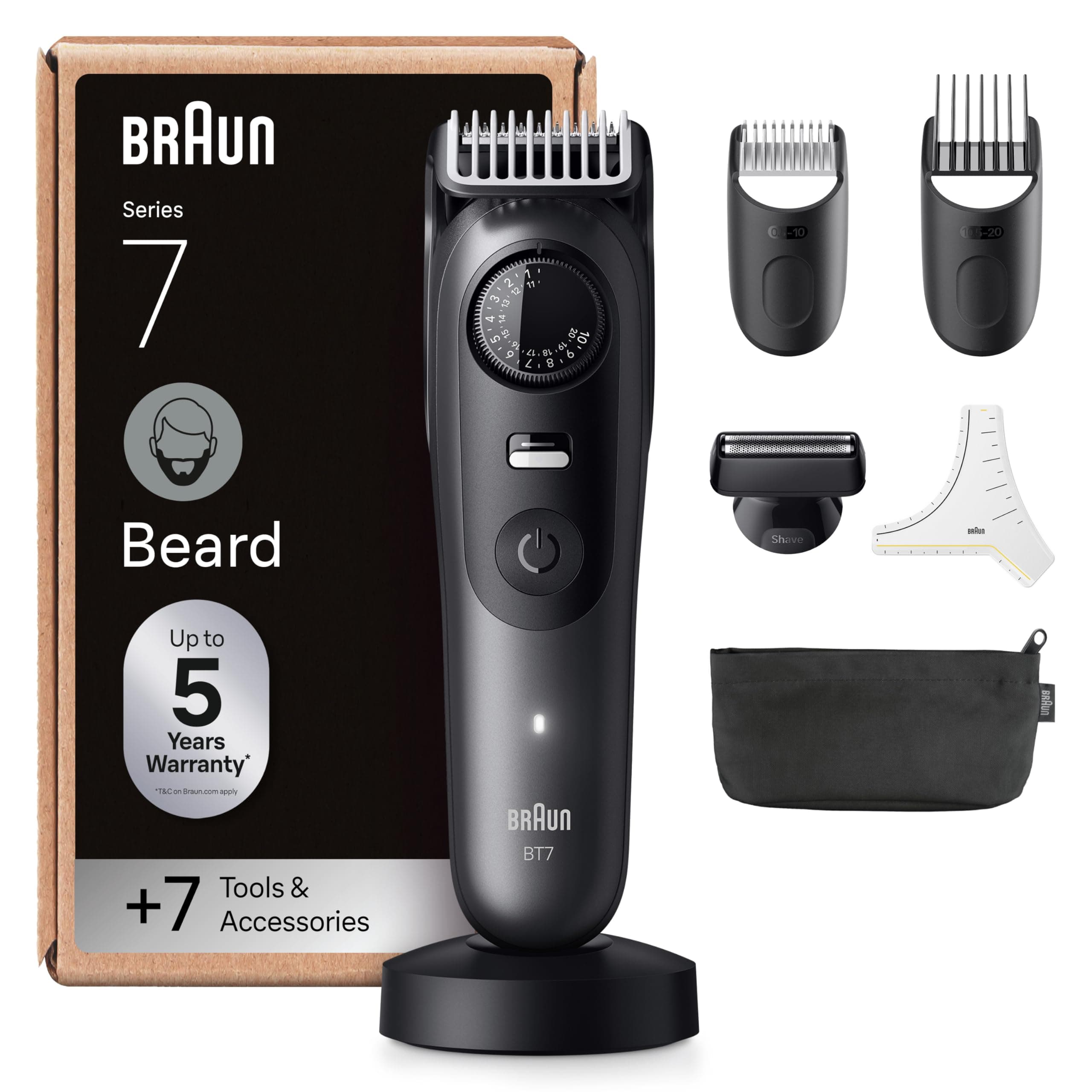 Braun Tondeuse À Barbe Series 7, + 7 Outils de Barbier, Lame ProBlade Affûtée Et Inusable, Jusqu'à 120 Min D'autonomie, 40 Longueurs, Étanche, Molette De Précision Et Verrouillage, BT7525, Gris