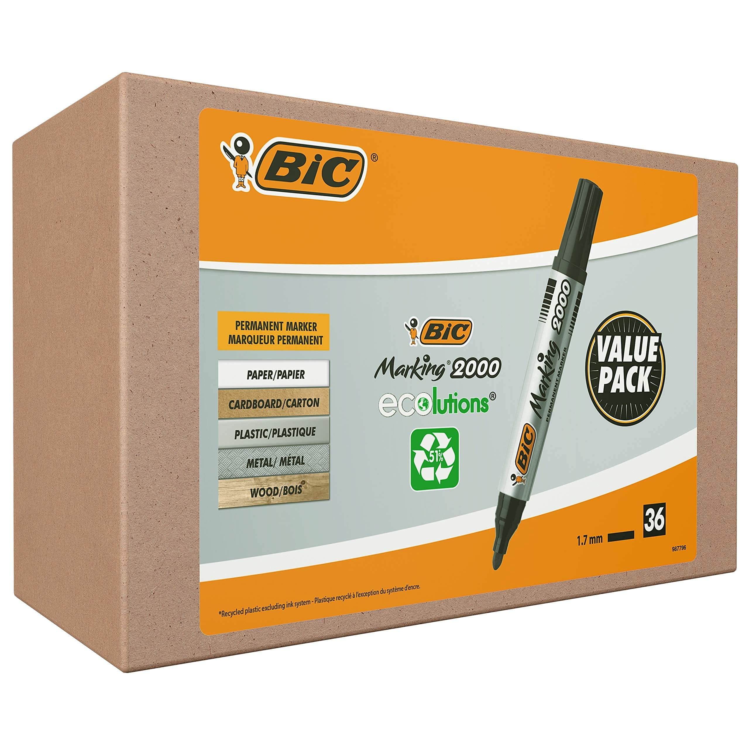 BIC Marking 2000 ECOlutions - Marqueurs Permanents Résistants avec Pointe Conique Moyenne - Noir, Boîte de 36