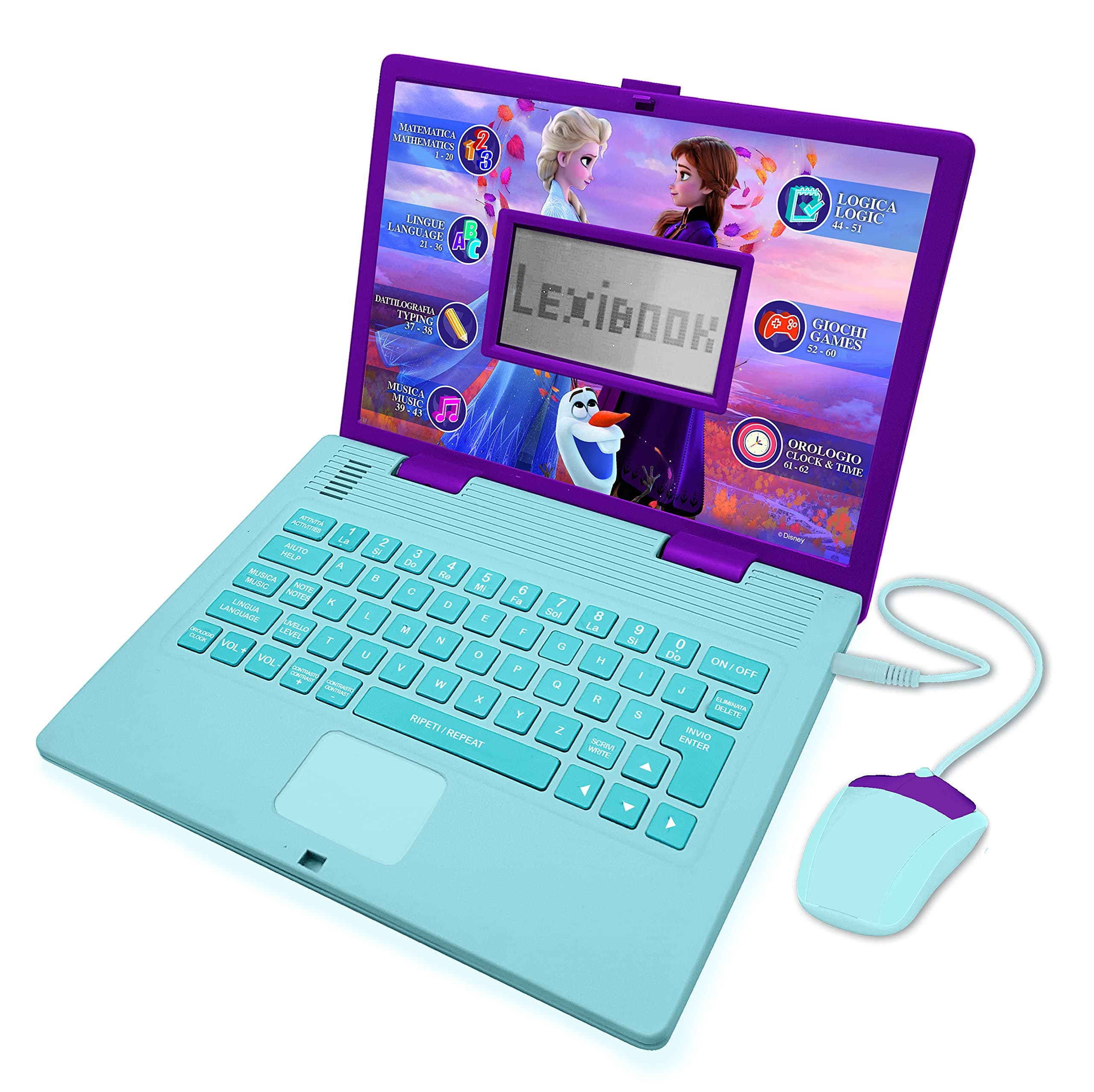 Lexibook, Frozen, Portatile educativo e bilingue Italiano/Inglese, Giocattolo per Bambine con 124 attività per Imparare, Giochi e Musica con Elsa e Anna, Blu/Viola, JC598FZi5