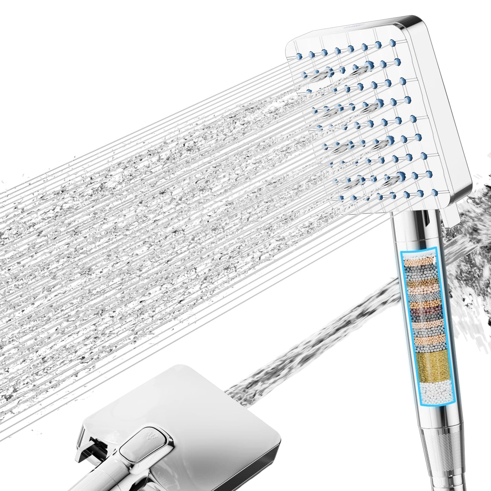 Cobbe Filter Duschkopf mit Schlauch für hartes Wasser, Hochdruck Duschbrause Wassersparend, Quadratischer Handbrause mit 20-Stufen Filter, 6+1 Strahlarten, entfernt Chlor & Schwermetalle, Chrom