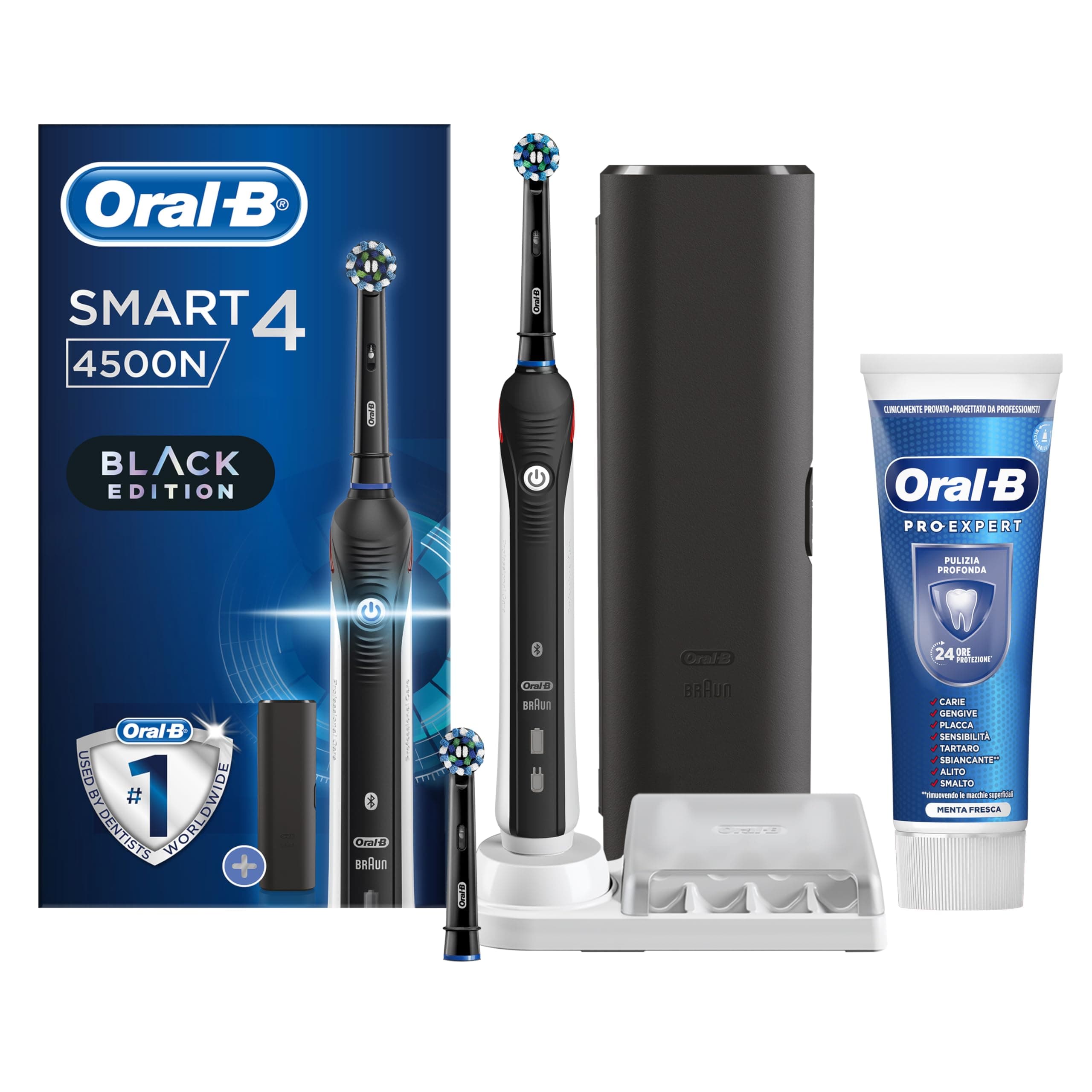 Oral-B Spazzolino Elettrico Ricaricabile Smart 4 4500 Nero, 2 Testine, 1 Custodia da viaggio, 1 Spazzolino +1 Dentifricio Pro-Expert Pulizia Profonda
