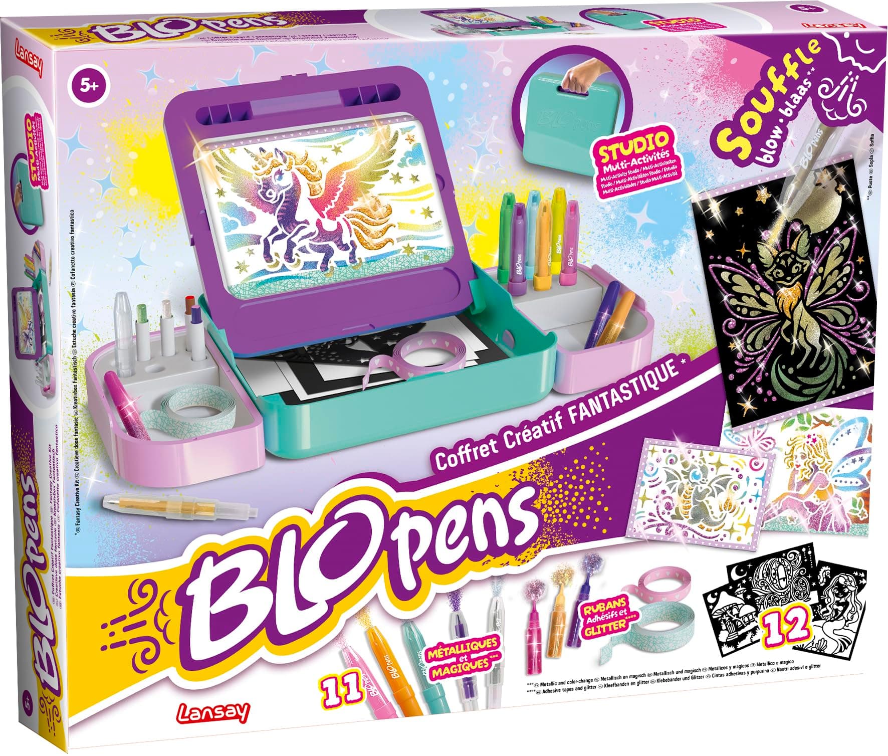 Lansay | BLOPENS COFFRET CRÉATIF FANTASTIQUE | Kit de Dessin Enfants avec Feutres Souffleurs, Pochoirs, Effets Aérographe et Paillettes | Activité Créative et Ludique dès 5 Ans | Accessoires Inclus
