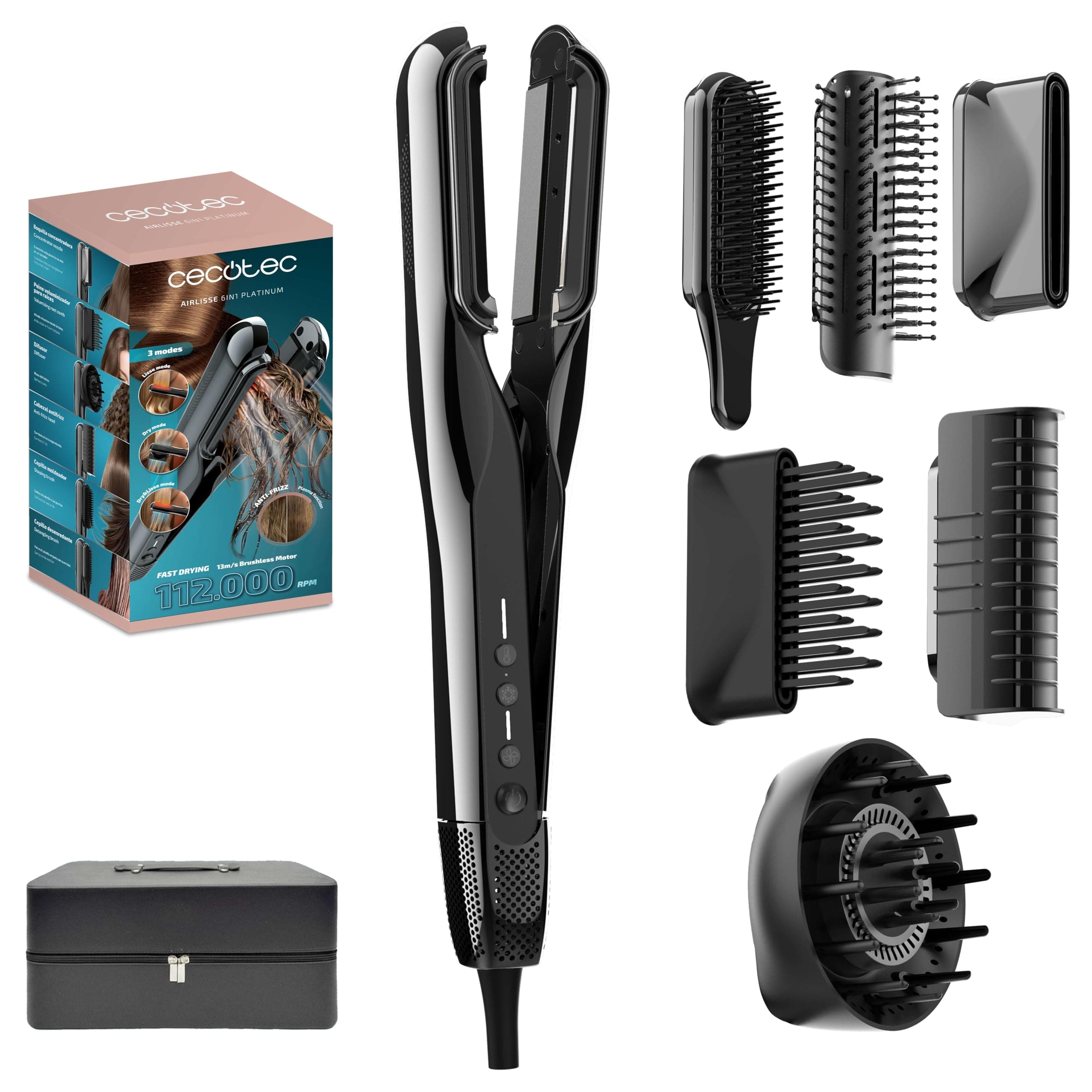 Cecotec Plancha de Pelo con Aire 6 Accesorios AirLisse 6in1 Premium. 1120000RPM, Flujo de Aire 19,7 Litros por Segundo, Función Plasma, Elimina el Frizz, Motor Brushless, Cepillo y Estuche de Cuero