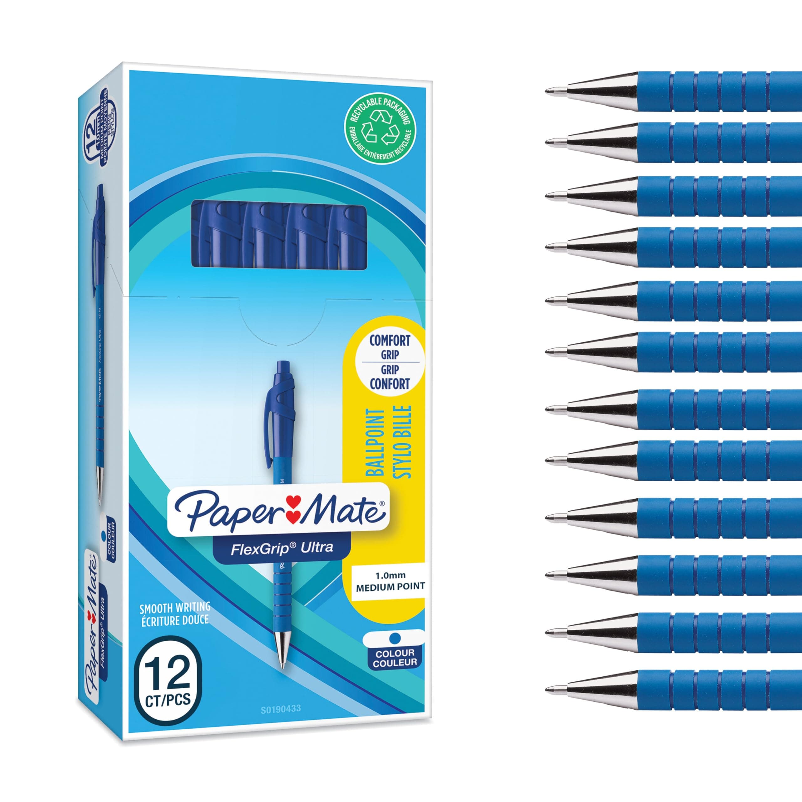 Paper Mate Flexgrip - Bolígrafo, punta mediana de 1.0 mm, caja de 12, color azul