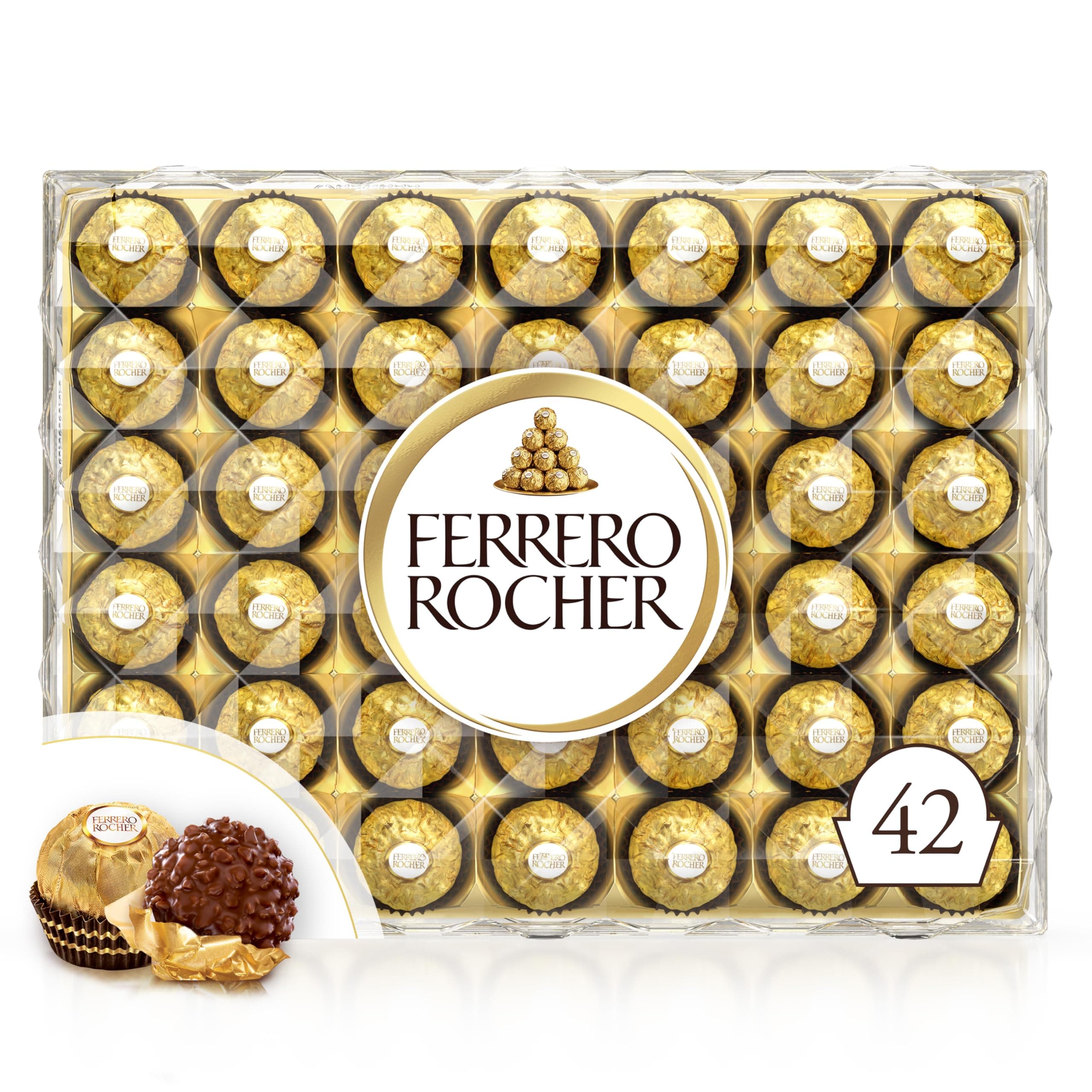 Ferrero Rocher - 42 Specialità al Cioccolato al Latte e Nocciola, Racchiuse in una Elegante Scatola Natalizia, Idea Regalo Natale, Compleanno e Anniversario, Confezione da 525 gr