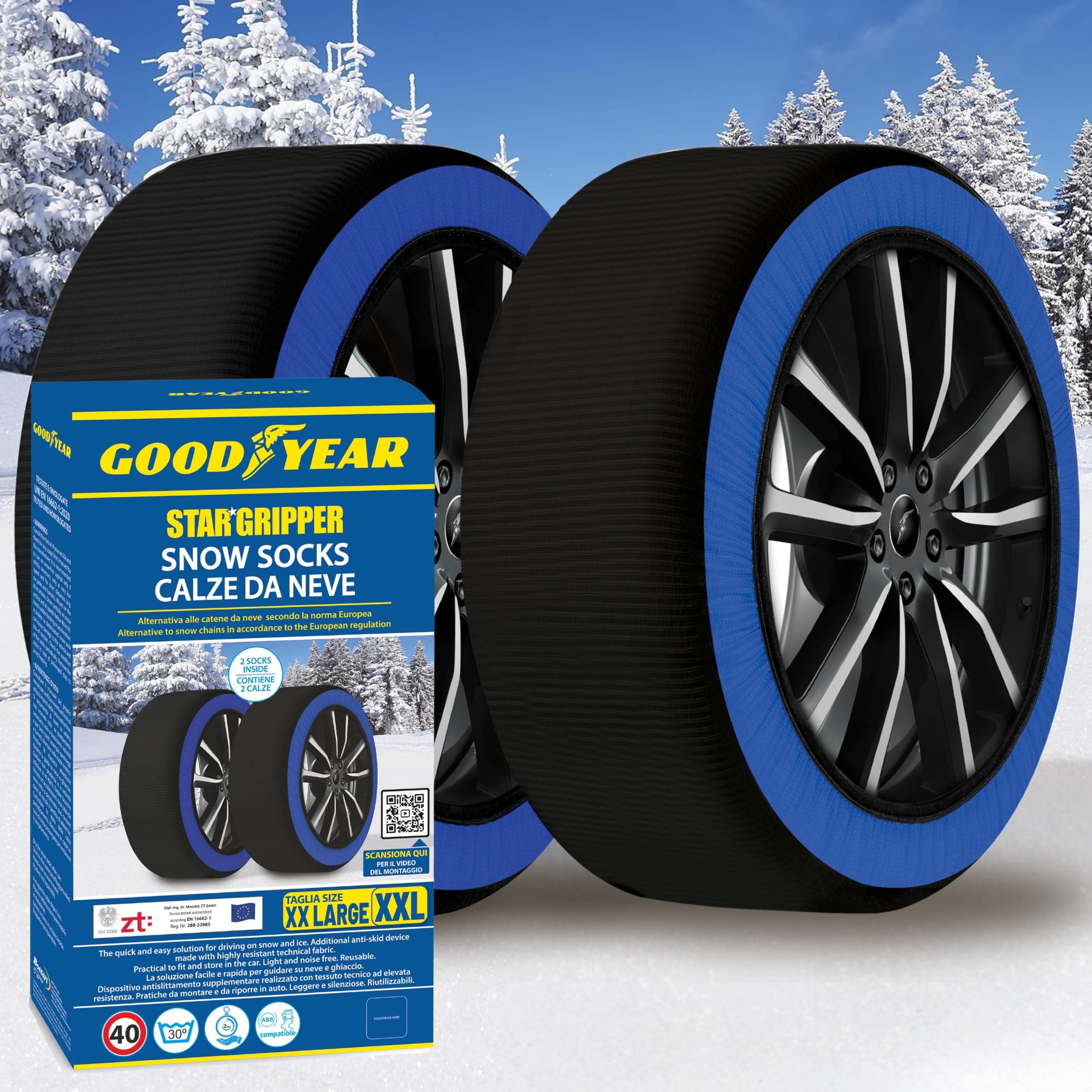 Goodyear Chaussettes de neige Star Gripper homologuées Italie EN 16662-1:2020 Deux chaînes à neige en tissu pour voiture. Snow Sock taille XXL