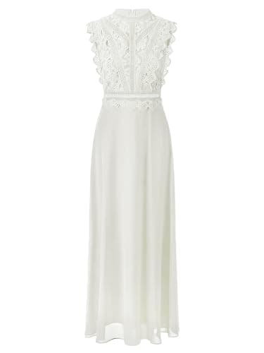 APART Fashion Damen ärmelloses Spitzenabendkleid, hochgeschlossene Maxikleid, transparenter Rücken, gewellter Taillendetail, ausgestellter Chiffonrock, Elegantes formelles Partykleid