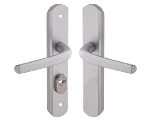 Vachette Set de Poignée de Porte sur Plaque Sécumax Up - Version Clé I, Entraxe 195 mm - Pose Facile - en Aluminium - Protecteur de Cylindre Inox Ajustable de 5 mm - Anodisé Argent - Garantie 10 Ans