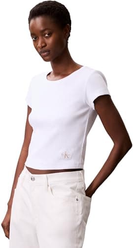 Calvin Klein Camiseta de Manga Corta Mujer Woven Label Rib Baby tee con Cuello Redondo, Blanco (Brilliant White), L