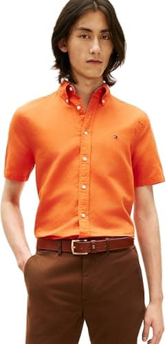 Tommy Hilfiger Camisa Hombre Linen Blend Solid Manga Corta, Naranja (Brilliant Orange), L