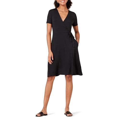 Amazon Essentials Damen Kurzärmliges Kleid mit Wickeloptik, Schwarz, L