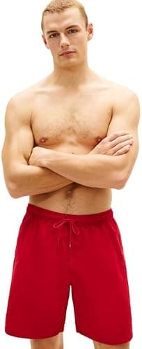 Tommy Hilfiger Uomo Pantaloncino da Bagno Long Drawstring con Logo, Rosso (Medium Red), S