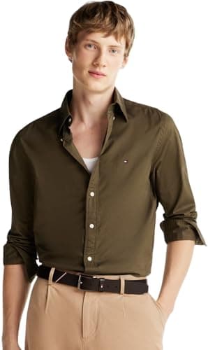 Tommy Hilfiger Chemise Homme Flex Poplin Solid Regular Fit, Vert (Army Green), XS