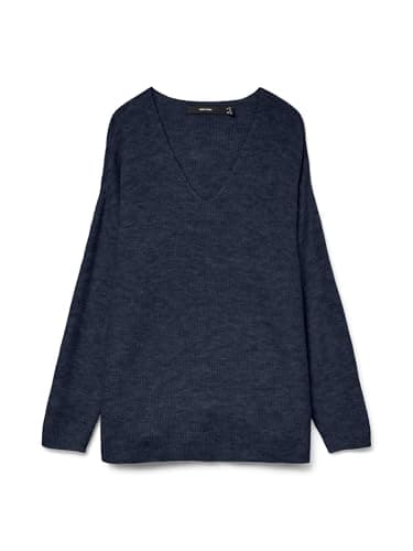VERO MODA Pull en Tricot à col en V Manches Longues, Chandail tricoté, Jersey VMCREWLEFILE, Couleurs:Bleu-Marine, Taille:L