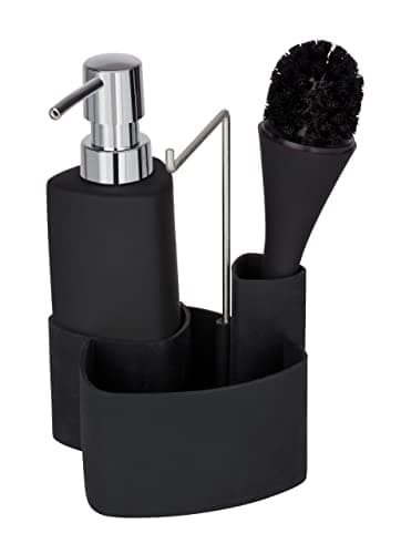 WENKO Set lavavajillas Empire, 4 en 1 - dispensador, cepillo, soporte para paños de cocina y organizador, cerámica de calidad con superficie suave al tacto, 250 ml, 11 x 19 x 12,5 cm, negro