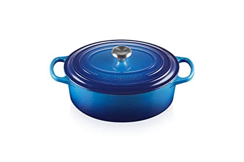 Le Creuset Signature Gusseisen-Bräter mit Deckel, Ø 27 cm, Oval, Für alle Herdarten und Induktion geeignet, Volumen: 4,1 l, 4,425 kg, Azure, 21178272202430