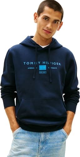 Tommy Hilfiger Uomo Felpa con Cappuccio Brand Love con Tasca a Marsupio, Blu (Desert Sky), L