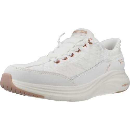Skechers Mujer Contour Foam Golden Hour Slip-In ENTRENADOR, White Mesh/Duraleather/Leather/Rose Gold Trim, 38 EU