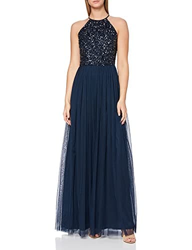 Maya Deluxe Damen Abendkleid Pailletten Cocktailkleid Tüllkleid Kleid Nackenband Elegant Für Hochzeit Brautjungfernkleid Bridesmaid Dress, Navy, 42 EU