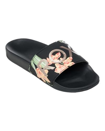 Roxy Sandales Slippy II pour femme, noir/vert, 38 EU, Imprimé noir et vert, 38 EU