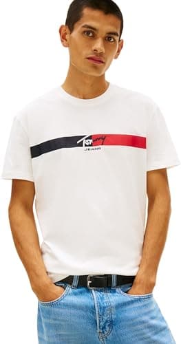 Tommy Jeans Uomo T-Shirt Maniche Corte Signature Stripe in Cotone, Bianco (Ecru), S