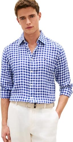 Tommy Hilfiger Camisa Essential de Lino a Cuadros para Hombre, MW0MW42401, Azul, S