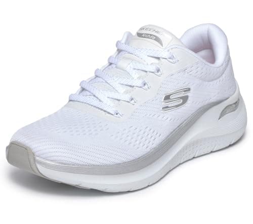 Skechers Arch Fit 2.0 Glow The Distance- Tenis para Mujer, Malla Blanca y Ribete Plateado, 39.5 EU