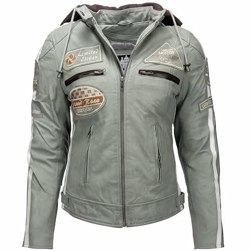 URBAN 5884 Blouson moto femme avec protections, cuir d'agneau, dos, épaules et coudes | Gris | S