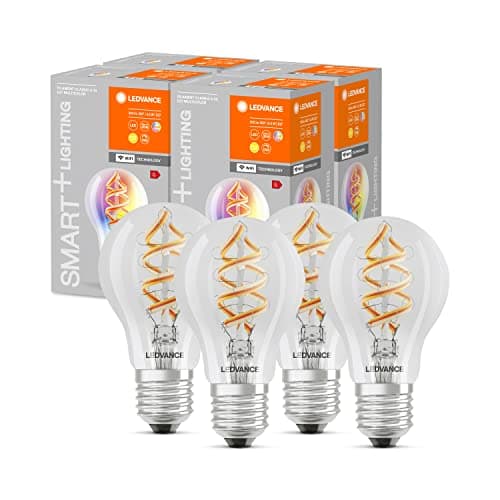 LEDVANCE lampadina Smart LED con Wifi, E27, colori modificabili, a forma di pera, filamento colorato come luce d'atmosfera, sostituzione da 60W, controllabile con Alexa, Google e App, confezione da 4