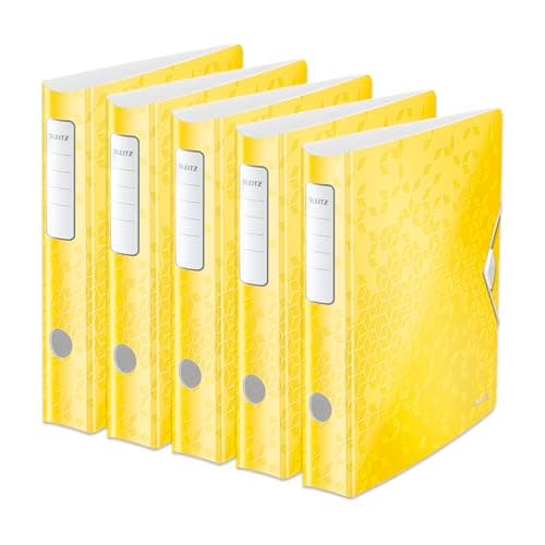 Leitz Qualitäts-Ordner 180° Active WOW, 5er Pack, A4, Schmal, Abgerundeter Rücken, 6,5 cm breit, Gummibandverschluss, Leichtes Polyfoam, Plastik-Ordner, WOW Serie, Gelb, 11070016