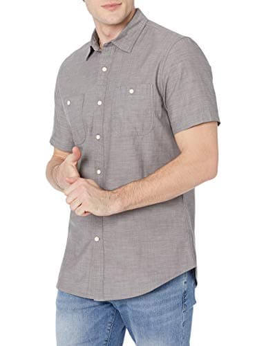 Amazon Essentials Chemise en Chambray à Manches Courtes pour Homme, Gris foncé, Taille S
