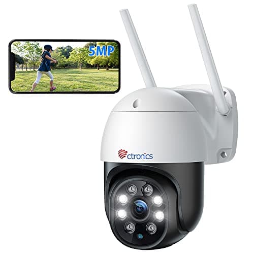 Ctronics 5MP Caméra Surveillance WiFi Extérieure, 2,4Ghz/5Ghz WiFi PTZ Camera IP 2880X1620P Couleur Vision Nocturne,Détection Humaine Auto Suivi, Audio Bidirectionnel,IP66 (1 PCS)