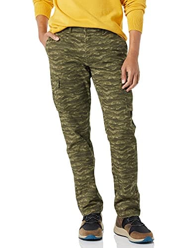 Amazon Essentials Pantalones de Trabajo Estilo Cargo Elásticos y de Corte Recto Hombre, Verde Oliva Patrón de Camuflaje, 29W / 28L