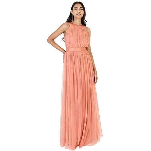 Anaya with Love Damen Ladies Maxi Dress for Women Halter Neck Long Sleeveless with Belt A Line Evening Gown Ball Prom Wedding Guest Bridesmaid Kleid, Coral Pink, 36