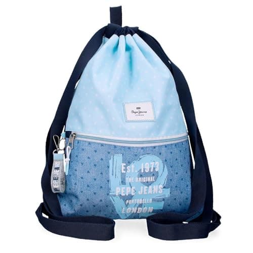 Pepe Jeans Joumma Bags - Zaino da scuola, blu e rosa, in poliestere, spallacci regolabili, per un comodo trasporto, vari scomparti, con portachiavi pompon, Denim, Taglia unica, Zaino sacco