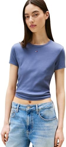 Tommy Jeans Donna T-Shirt Maniche Corte Essential Rib Slim Fit, Blu (Blue Moment), XXS