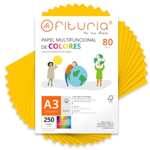 OFITURIA Folios de Colores A3 80gr, Pack 250 Hojas – Papel Oro para Manualidades, Impresora y Scrapbooking – Folios A3 Colores – Ideal Origami, Oficina y Escuela (Oro)