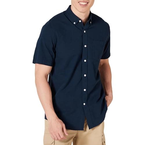 Amazon Essentials Camisa Oxford con Bolsillo de Manga Corta y Ajuste Normal Hombre, Azul Marino, XS