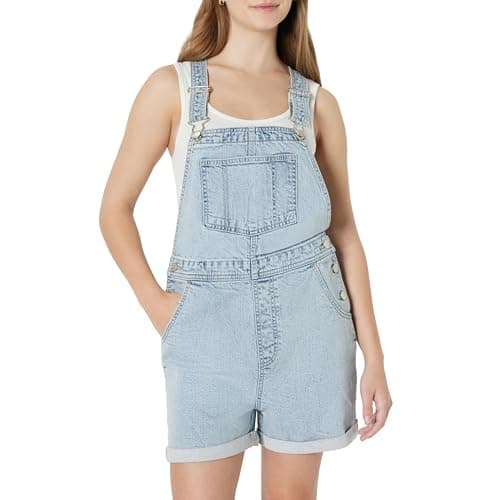 Amazon Essentials Salopette Courte en Denim, Bretelles Réglables, Coupe Décontractée, Moyennement Extensible Femme, Lavage léger classique, XXL
