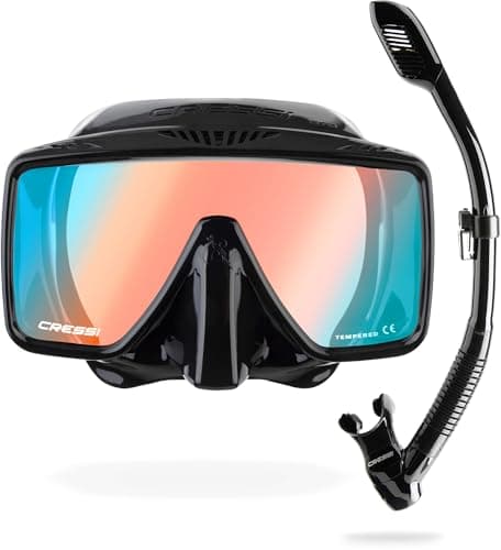 Cressi SF1 Quadratische Tauchmaske & Dry-Schnorchel - Geringes Innenvolumen - Dry-Schnorchel-Set mit Anti-Splash - Schnorchelmaske für Erwachsene - Schwarz/380 UV Blau Orange Glas