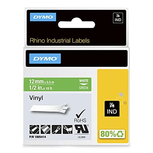 DYMO Rhino Etichette in vinile industriale | 12 mm x 5,5 m | Stampa bianca su verde | Autoadesive | per stampanti di etichette Rhino e LabelManager